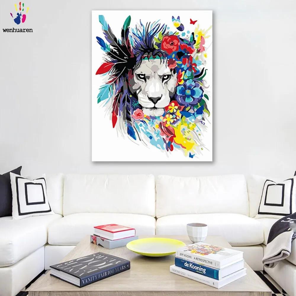 

DIY colorings pictures by numbers with colors Painted lion head garland feather picture drawing painting by numbers framed Home