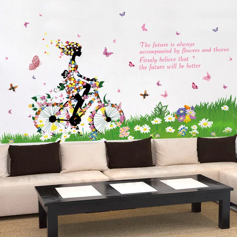 Cartoon bicycle butterfly girl wall sticker PVC Material DIY decals For Children's room bedroom decor | Дом и сад