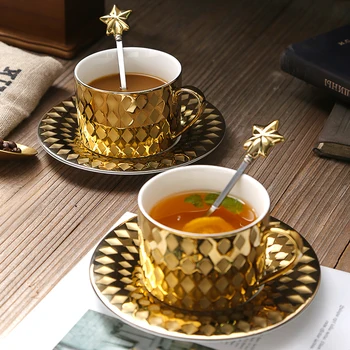 

Fashion high-grade bone china coffee cup with spoon creative ceramic coffee cup set hand-painted gold teacup breakfast milk cup