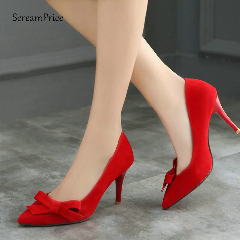 

Sweet Bow Knot Women's Pumps Fashion Flock Thin High Heels Slip On Party Drees Shoes Spring Autumn Shoes Blue Red Black