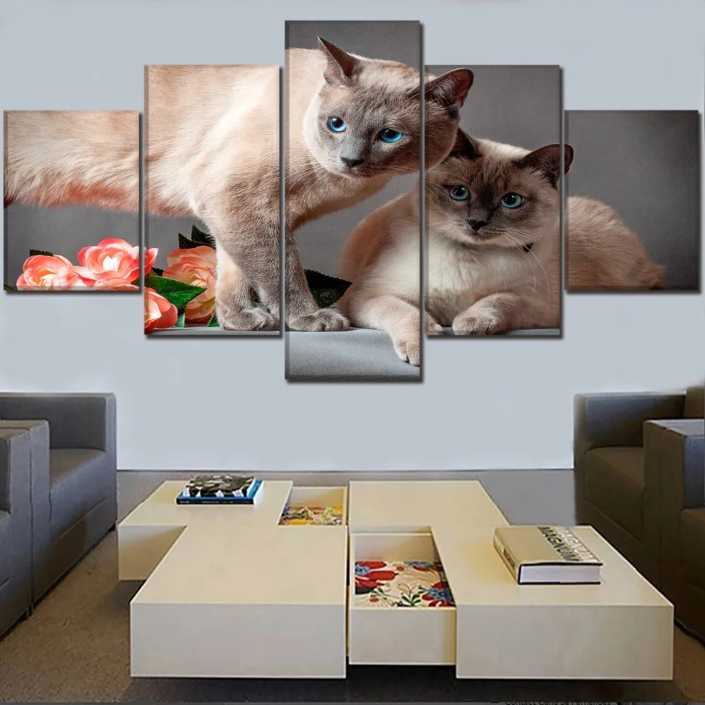 

Pet Painting Home Decor Framework Wall Art One Set 5 Panel Artwork Canvas Print Animal Siamese Cat And Flower Modular Picture