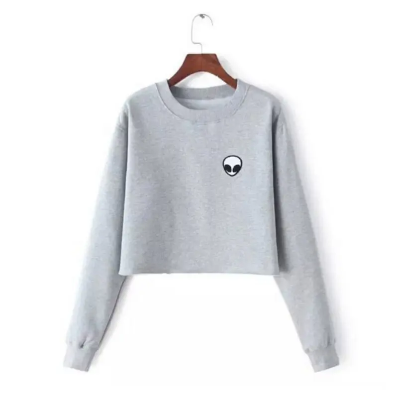 

Sweatshirt Autumn Winter Fleece Hoodie Grey Black Cotton Long Sleeve Crewneck Tops Nancy Alien Patch Embroidery Cropped