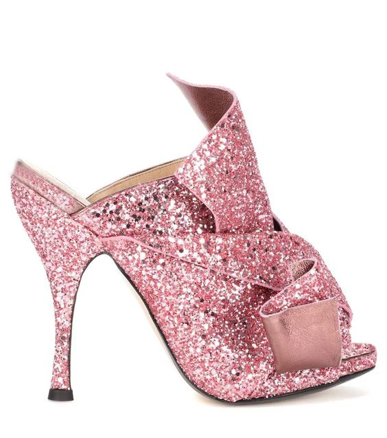Летние женские блестящие Блестящий бант на шею с узлом туфли без задника на высоком каблуке сандалии женские туфли с открытым носком с блестками на высоком каблуке - Цвет: pink