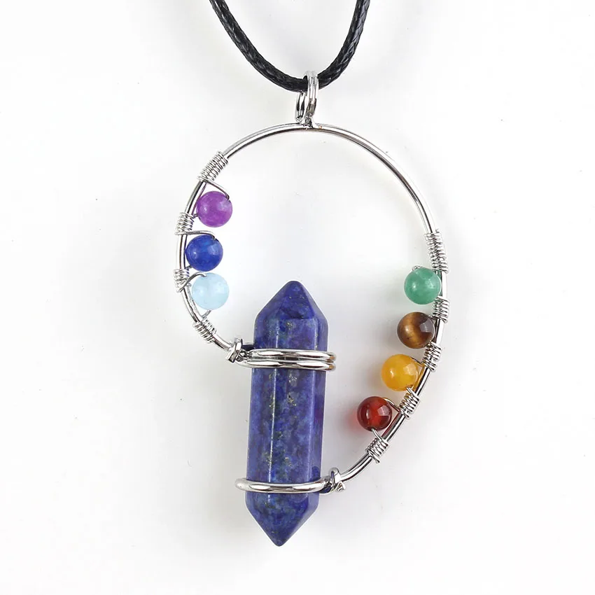 

100-Unique 1 Pcs Silver Plated Lapis lazuli Stone Hexagon 7 Round Beads Chakra Pendant Rope Chain Necklace Fashion Jewelry