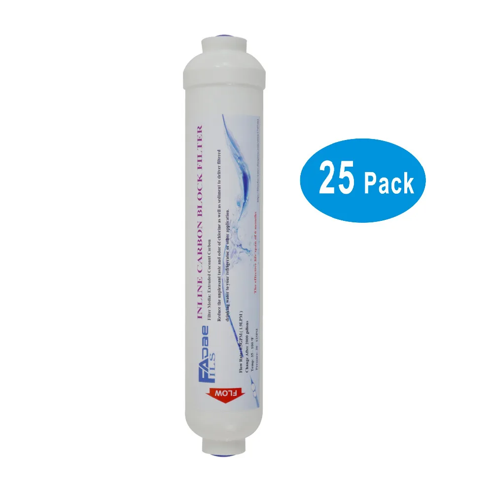 

Pack of 25: Universal Inline Carbon Block Filter for under-sink RO/Refrigerator/Coffee Maker, 1/4" thread female, 2" OD X 10" L