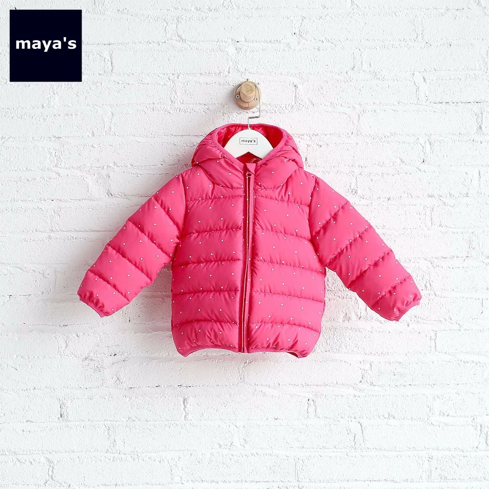 

Mayas Kids Pink Full Sleeves Down Jacket Children Basic Hooded Winter Jacket Polka Dots Down Basic Outerwear Toddler Coat 75169