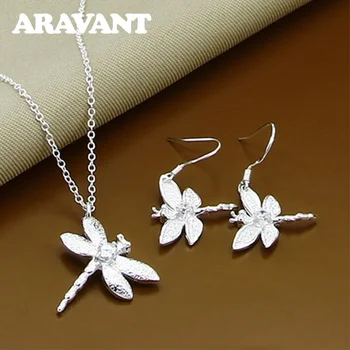 

925 Silver Jewelry Sets Dragonfly Necklaces Drop Earrings For Girls Fashion Jewelry
