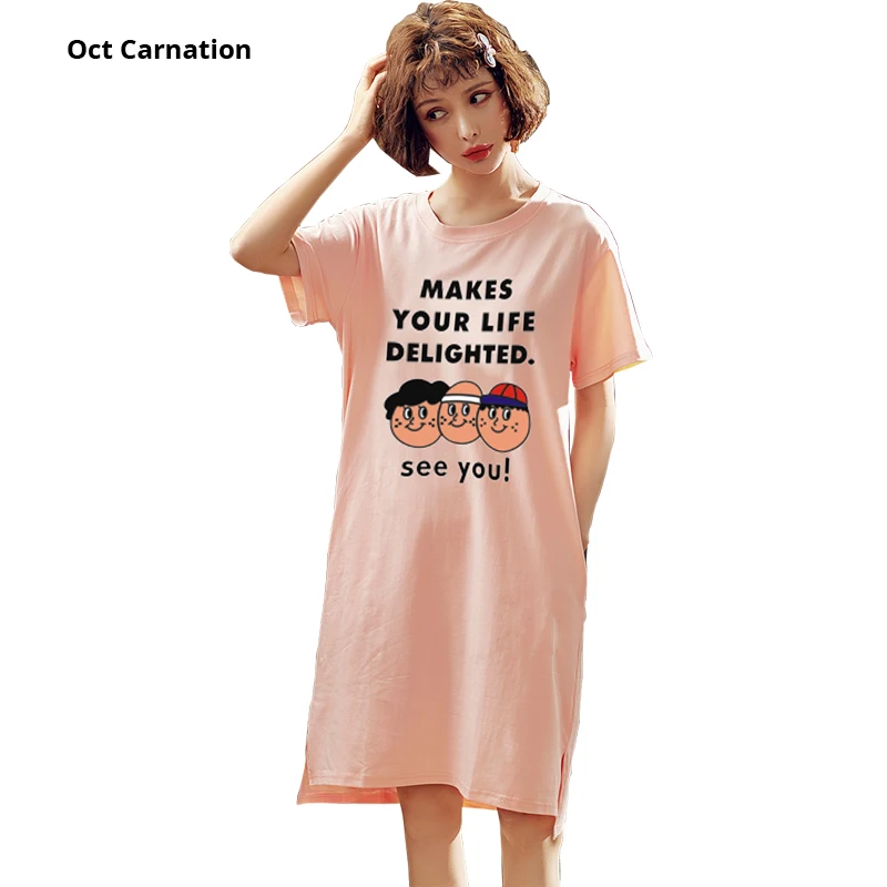 

2019 Summer Knee-Length Loose T-shirt Dress Three Family Members Pattern Print