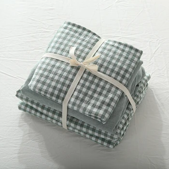 

4pcs 100% Washed Cotton Green Plaid bed cover set King linen