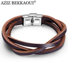 Азиз BEKKAOUI панк коричневые кожаные браслеты для мужчин многослойный веревочный браслет из нержавеющей стали крутой мужской ювелирный дропшиппинг