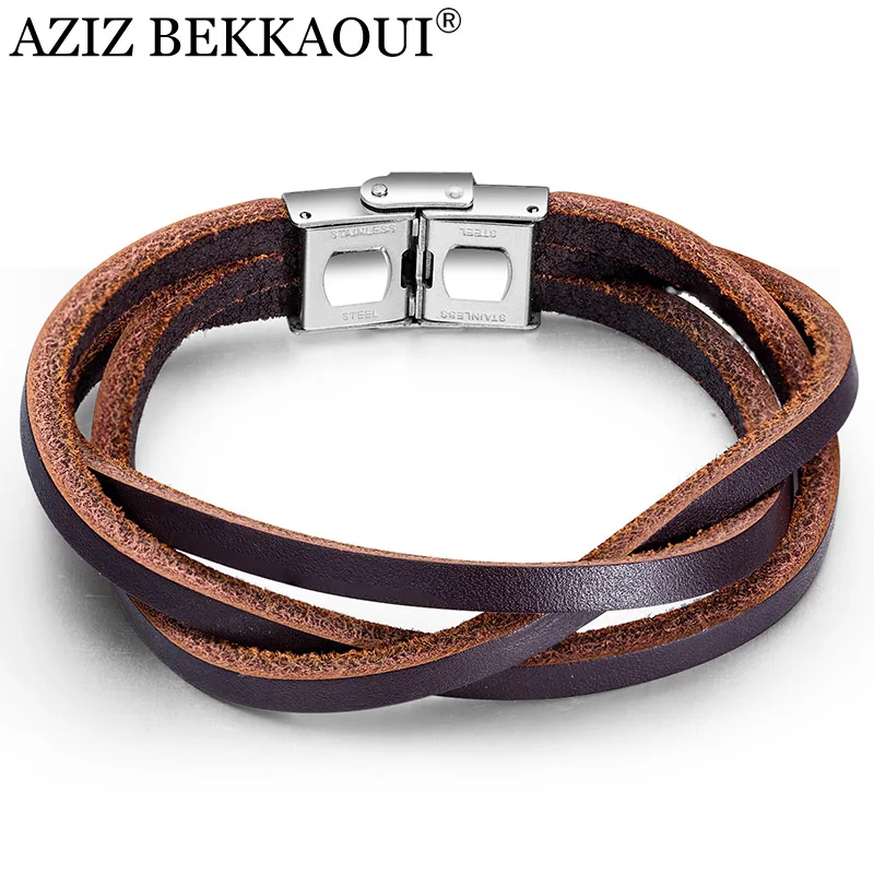 

AZIZ BEKKAOUI Punk Brown Leather Bracelets for Men Multi-layer Stainless Steel Bracelet Rope Bangle Cool Male Jewelry Dropship