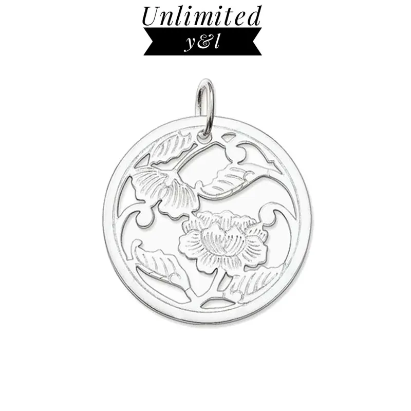 

Plant Peony Flower Round Disc Pendants Ornament Hollow Out Silver Fashion Jewelry Accessories for Women Fit Link Chain Necklaces