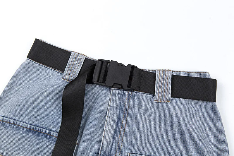 Denim Blue Jeans Skirt Women High Waist Pockets Mini Skirt With Buckle Belt Fashion Korea Casual Lady Girls Straight Skirt Femme