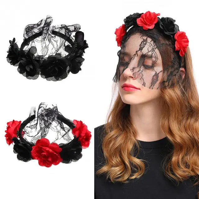 Women Party Ball Mask Hair Accessories Photography Props Artificial Rose Halloween Headband With Veil Hair Band festival wear