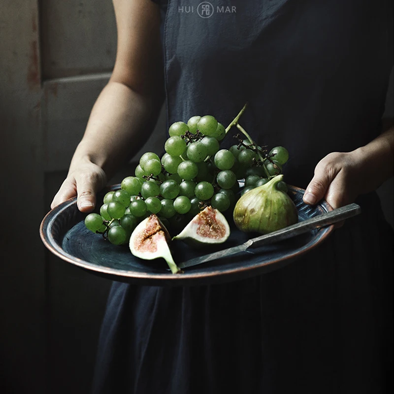 Ceny Retro płyta żelazna taca do serwowania Craft taca francuski styl ludowy piękna antyczna złota obręcz metalowa okrągła taca do domu Dec