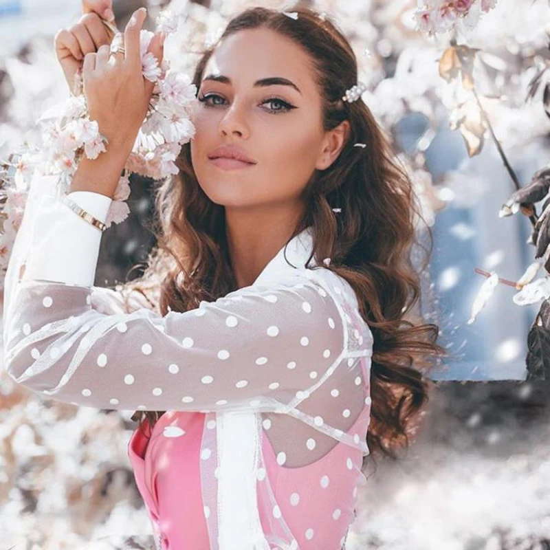 Женский кружевной кардиган Alwayss белая блузка в горошек длинный сетчатый топ лето