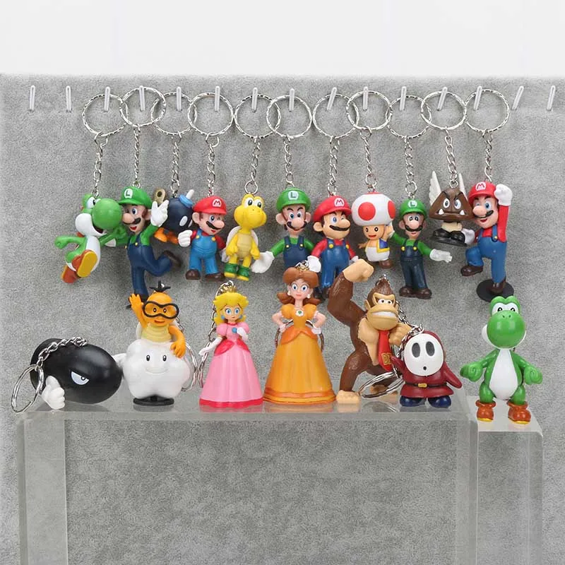 Super Mario 18pcs/set PVC Super Mario Bros keychain Luigi Yoshi Peach Mushroom Toad Shy Guy Action Figures Gift OPP retail