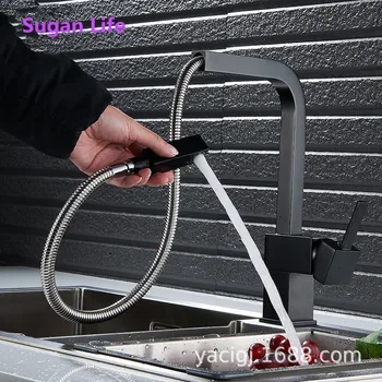 

Sugan Life Black Pull Out Kitchen Sink Faucet Brass Square Bathroom Kitchen Sink Mixers Hot and Cold Water Tap Deck Mounted