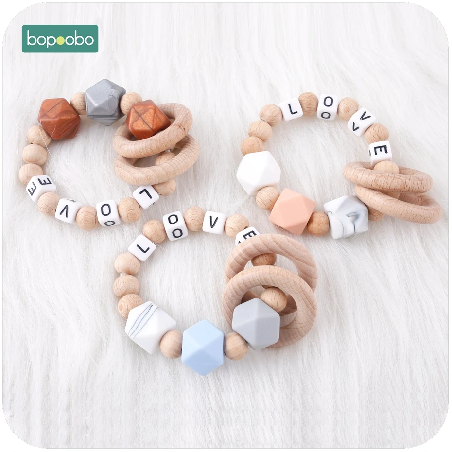 

Bopoobo Teething Toy For Baby 1PC Wooden And Silicone Beads Custom Children Teething Rattle Baby Teether Mommy Jewelry