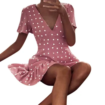 

KLV 2019 The latest fashion Summer Womens Fashion Casual Sexy V-Neck Dot A-Line Mini Dress free shipping D4