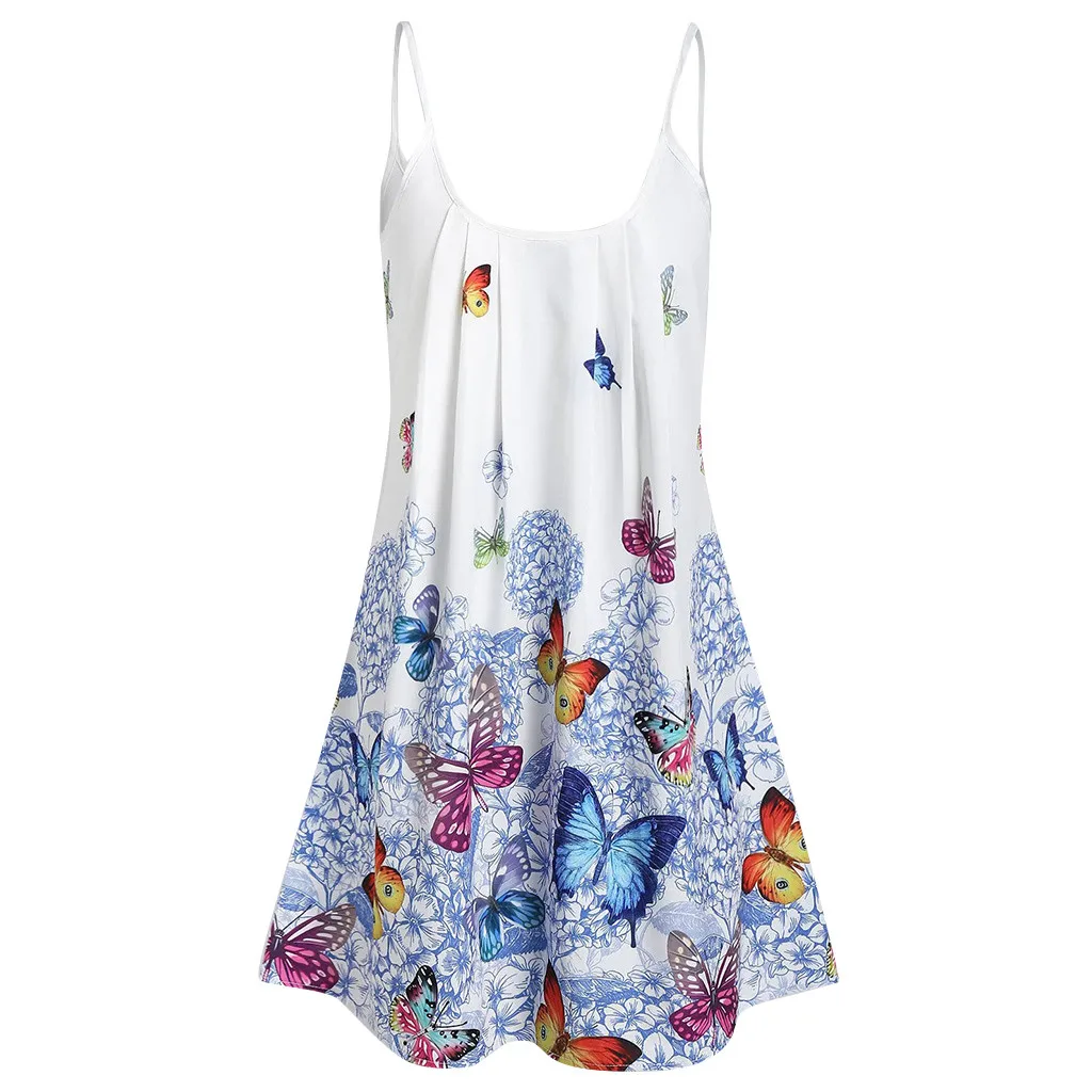 

Women's Plus Size Bohemian Mini Dress Casual O-neck Butterfly Print Strap Dresses Spaghetti Straps Sleeveless Draped Vestidos