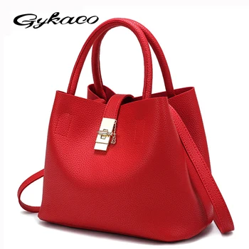 

Gykaeo 2020 New Winter Women Red PU Leather Handbag Fashion Embossed Bucket Messenger Bags Handbags Women Famous Brands Tote Bag
