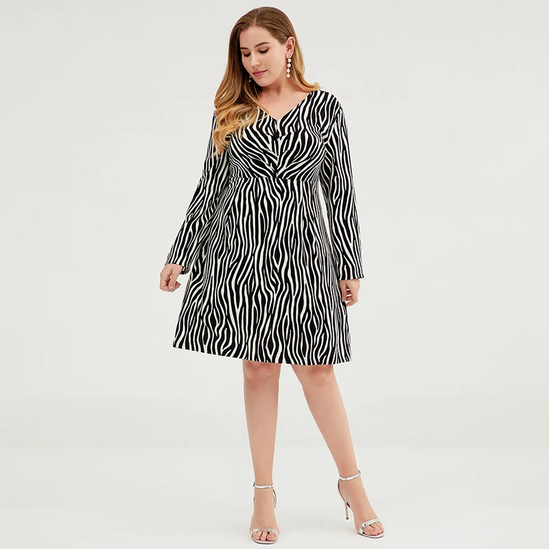 Buykud Women Summer Elegant V-Neck Long Sleeve Loose Party Vestidos Casual Dress  Zebra-Striped Plus Size Women Clothes (3)
