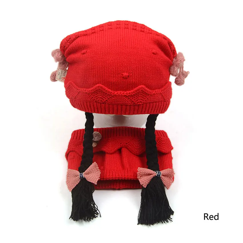 Зимний Теплый детский набор из шапки и шарфа для девочек, Длинные косички, трикотажные лыжные шапочки с бантом, детская Лыжная шапочка и шарфы, комплект из 2 предметов - Цвет: Красный