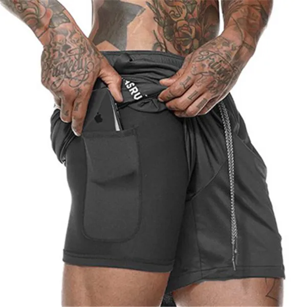 Мужские шорты для бега, 2 в 1, спортивные шорты, быстросохнущие, для тренировок, бега, велоспорта, шорты со встроенным карманом - Цвет: Черный