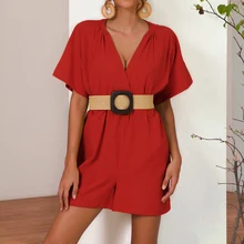 2019 Solid Color Cotton and Linen Short-sleeved Deep V-neck Womens Mini Playsuit Summer Holiday Casual Female Shorts Jumpsuit 2019 Solid Color Cotton and Linen Short-sleeved Deep V-neck Womens Mini Playsuit Summer Holiday Casual Female Shorts Jumpsuit