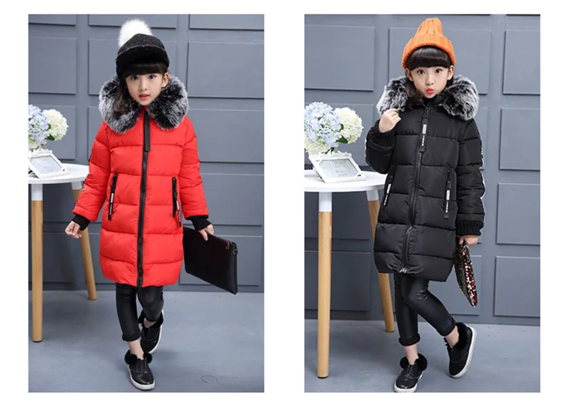 2018 Faux Fur Hood Jacket for Girls Children Snow Wear Parka Thick Cotton-Padded Winter Jacket for Children Christma Winter Coat (6)