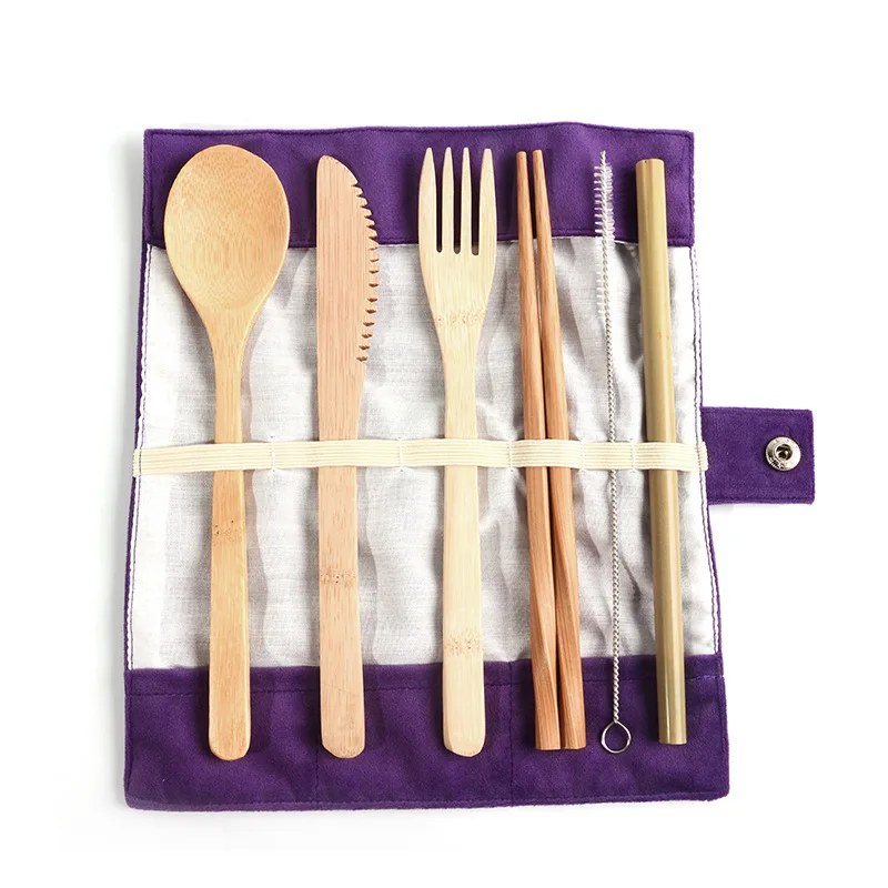 

Wooden Flatware Cutlery Set 7-Piece Bamboo Straw Dinnerware Set With Cloth Bag Knives Fork Spoon Chopsticks Travel Wholesale