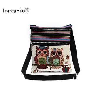 

longmiao Fashion Ethnic Style Women Messenger Bags Dual Zipped Cartoon Owl Embroidered Shopping Dating Ladies Girls Shoulder Bag