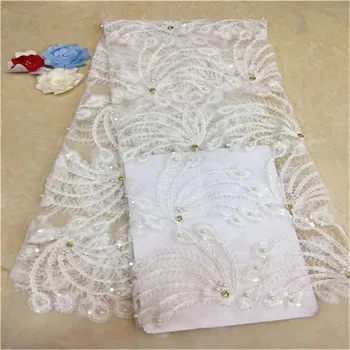 

African French Lace Fabric with beads stones High Quality African Tulle Lace Fabric with sequins 5yards white sequin lace fabric