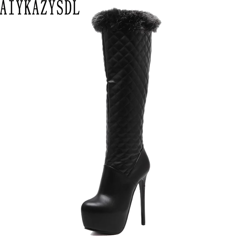 

AIYKAZYSDL Winter Warm Knee High Boots Women Fur Plush Snow Boots Platform Ultra Very High Heel Stilettos Party Clubwear Shoes