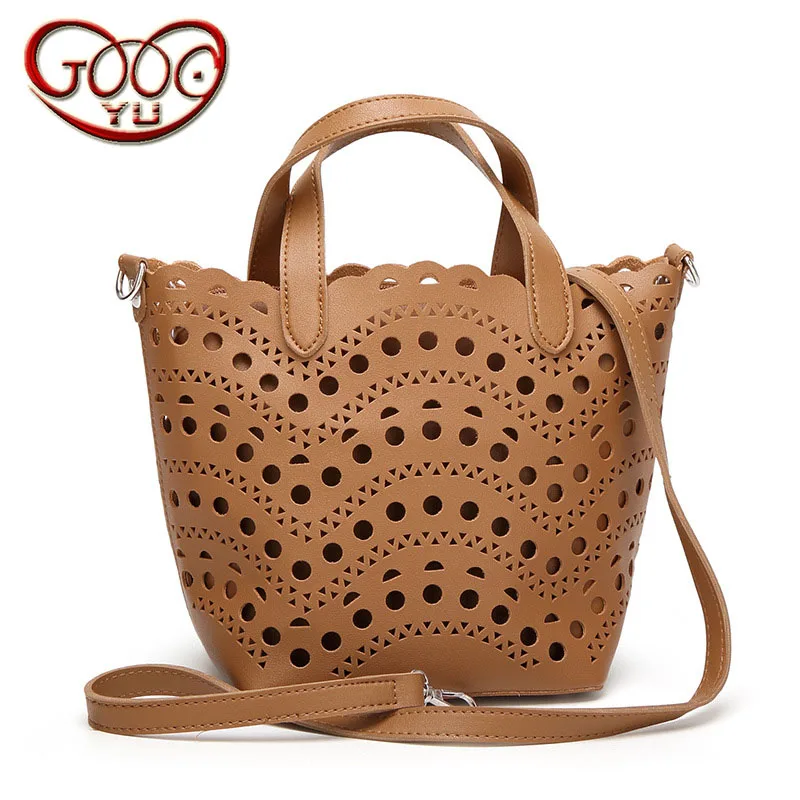

New high-quality PU leather hollow child package European and American new bucket-type high-capacity shoulder Messenger bag