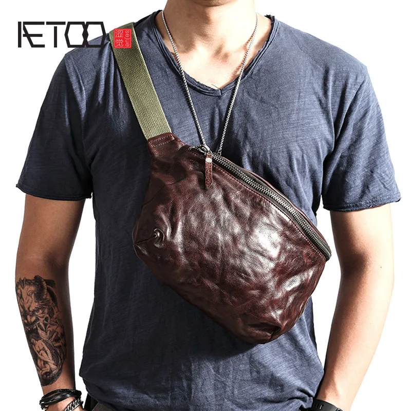 

AETOO Vintage Messenger Bag Leather Pocket Youth Ami Men's Tide Bag Trend Casual Top Layer Leather Chest Bag
