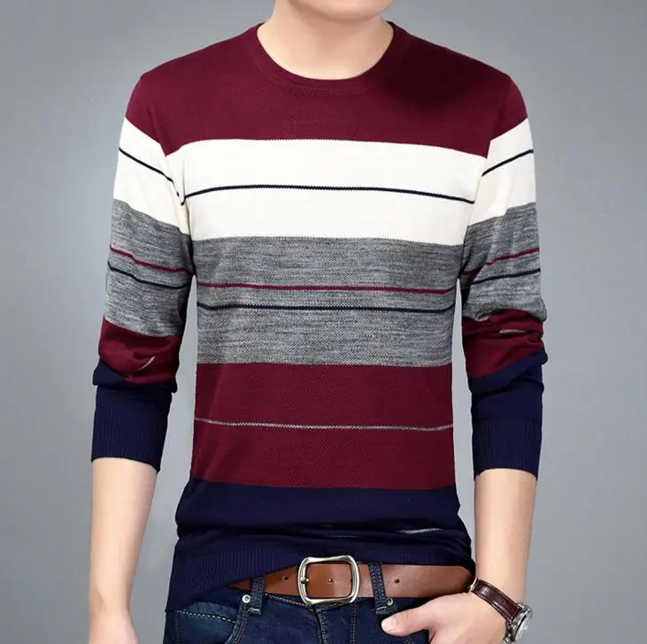 Весна Осень Зима пуловер мужская брендовая одежда Джерси одежда трикотажный свитер мужская повседневная полосатая облегающая одежда