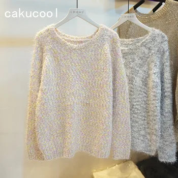 

Cakucool Shiny Women Gold Lurex Sweater Bling O-neck Mink Hair Furry Spring Jumper Loose Cute Korea Knit Pullover Sweaters Lady