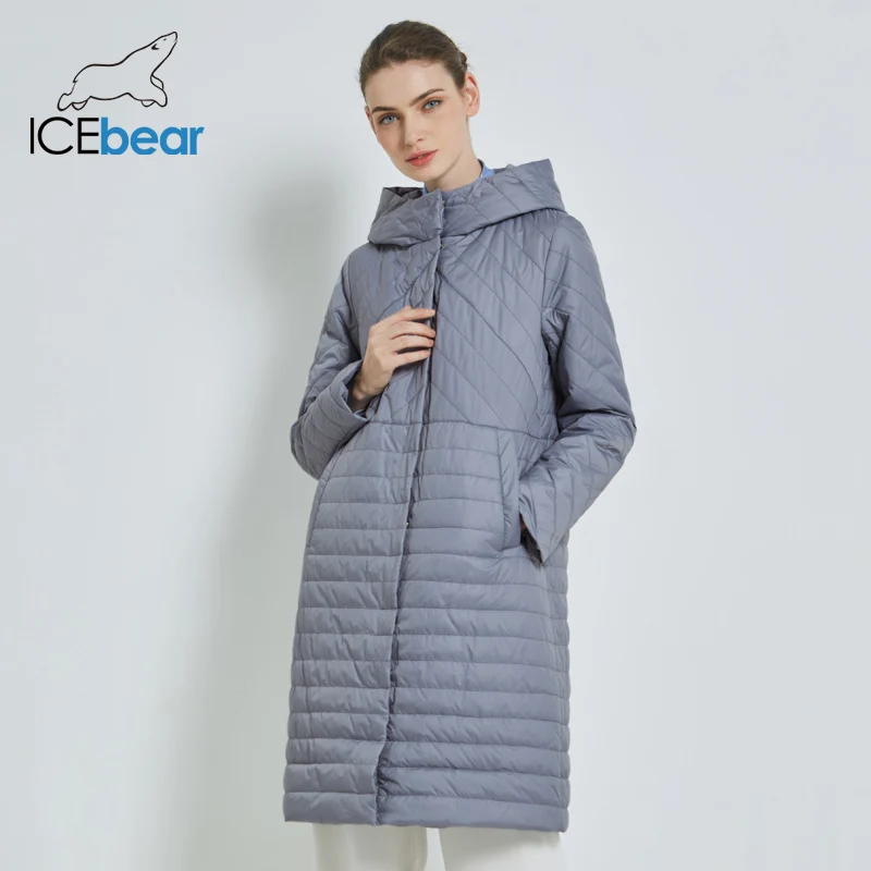 ICEbear Новое длинное женское осеннее пальто женская куртка, прямого силуэта, с втачным капюшоном. Основная застежка на молнии с ветрозащитной планкой на кнопках GWC19039I