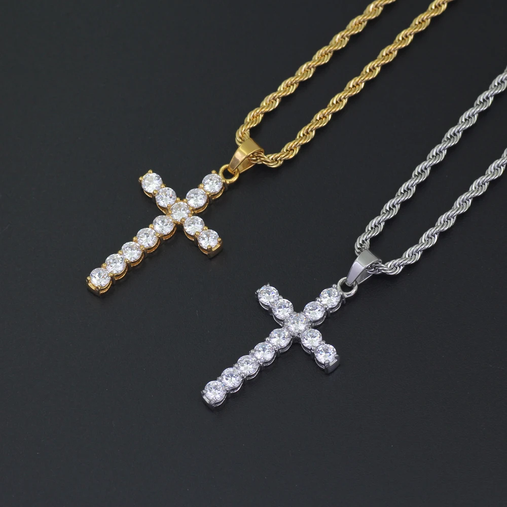 

Stainless Steel Jewelry CZ stone Cross Pendant Necklace Hip Hop Jewelry 24inch Rope chain SN146