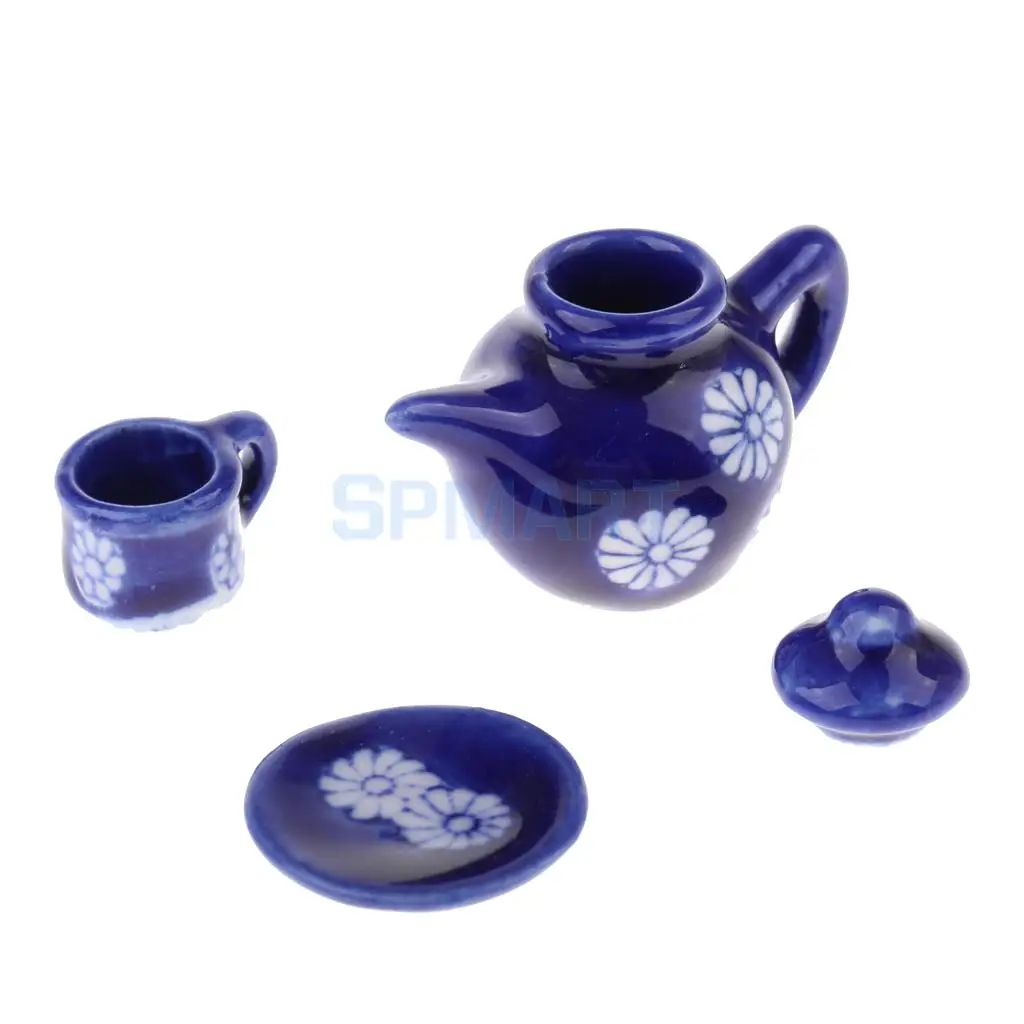 15 Pieces Floral Chrysanthemums Ceramic Tea Pot Cup Saucer Teaware Set 1/12 Dollhouse Miniature Accessories