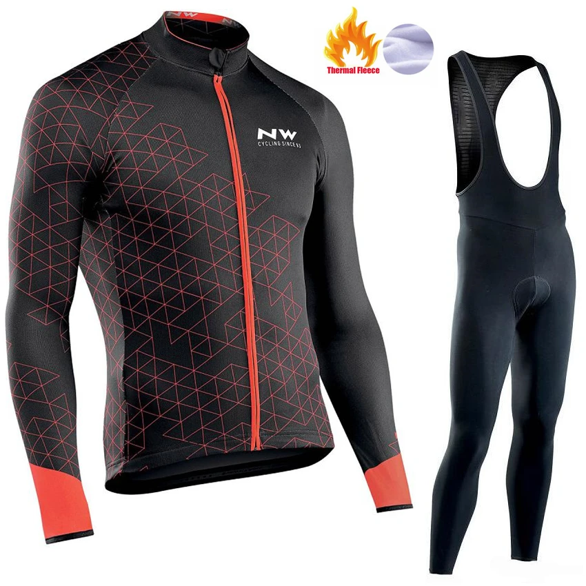 NW Тепловая флисовая футболка с длинными рукавами для командного велоспорта, набор с черными комбинезонами, зимний спортивный костюм, одежда для велоспорта - Цвет: Pic Color8