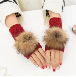 Женские осенние и зимние пряжи трикотажные Перчатки женские плотные теплые перчатки без пальцев для девочек натуральная из меха енота
