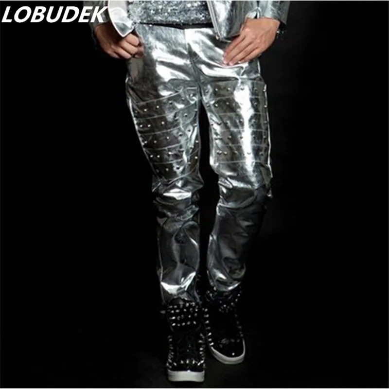 

Fashion normic silver rivet pants costume man costumes singer dancer performance stage wear clothes show party nightclub