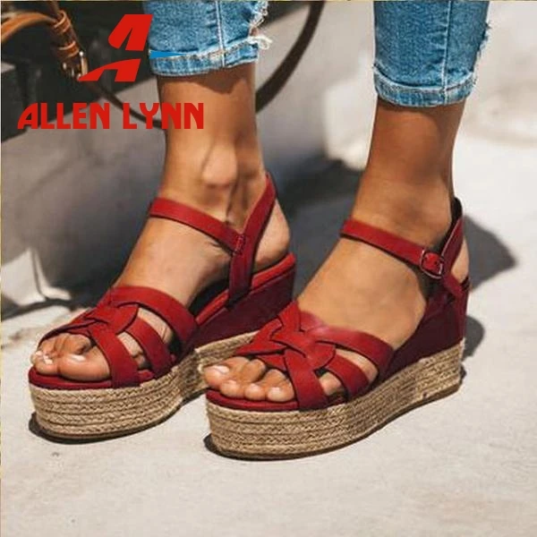 

ALLENLYNN New INS Hot Brand Flat Platform Sandals Women 2019 Summer Large Size 35-43 Women Wedges Shoes Woman
