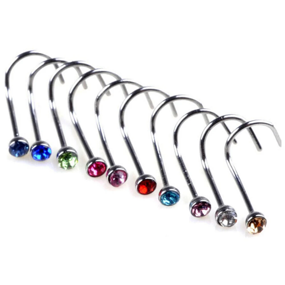 

10Pcs/set New 2018 Fashion Mixd Color Rhinestone Hook Bone Bar Pin Piercing Jewelry Nose Studs Rings