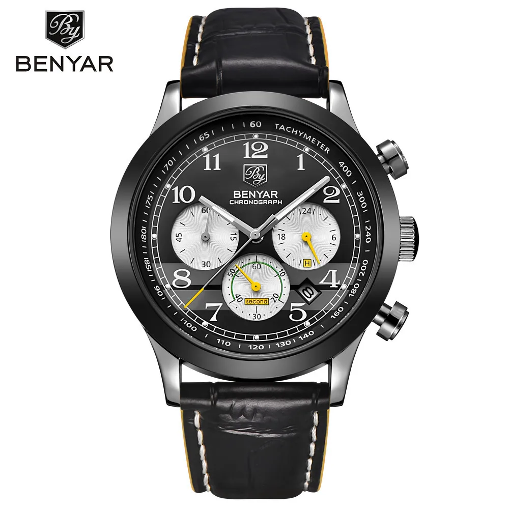 Benyar спортивные многофункциональные мужские наручные часы с кожаным ремешком Топ люксовый бренд Мужские кварцевые часы с хронографом мужские наручные часы