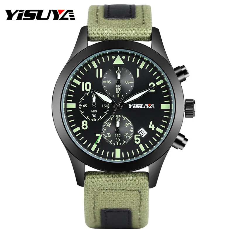

YISUYA Luxury Brand Mens Sport Quartz Watches Luminous Army Green/ Blue Nylon Watchband Chronograph Date Display Fashion Watch