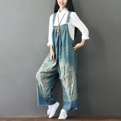Monos vaqueros bordados para mujer, petos informales de pierna ancha, pantalones vaqueros de talla grande, pantalones con tirantes y peto